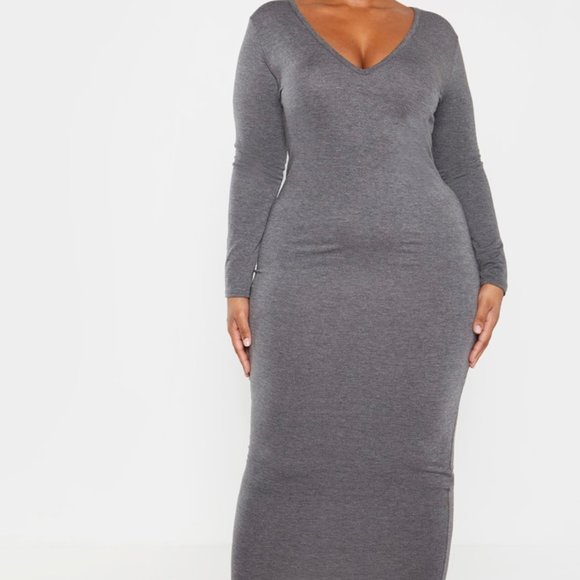 PrettyLittleThing Dresses & Skirts - Plus Charcoal Jersey V Neck Long Sleeve Midi Dress